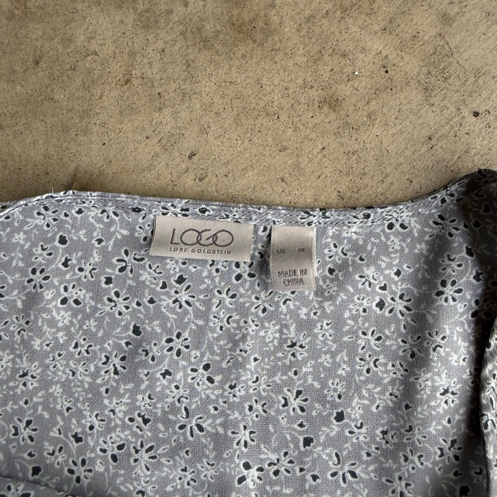 LOGO Lori Goldstein Top Women XL Gray Floral Peplum Button Up Long Sleeve Blouse - Picture 4 of 7